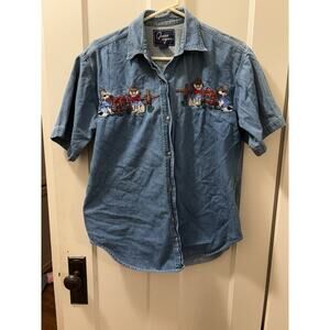 Vtg LETS‎ QUIZZ AGAIN Button Up Denim Cats Embroidered Shirt Size M